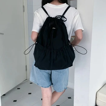 Однотонный повседневный рюкзак с плиссированным шнурком большой емкости, литературный холщовый складной рюкзак, Корейская сумка через плечо, сумка