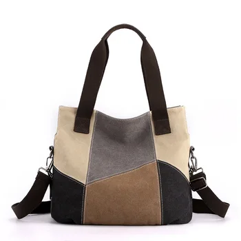 Простая модная женская сумка контрастного цвета холщовая сумка женская большой емкости ретро контрастного цвета сращивание тканевой сумки новое плечо