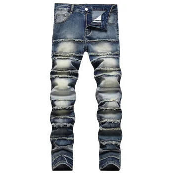 Мужские джинсы в стиле пэчворк с бахромой, уличная одежда, джинсовые брюки в стиле панк, узкие прямые брюки с нашивками