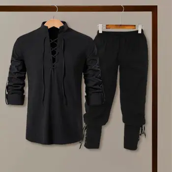 Комплект льняных рубашек и брюк с длинными рукавами, льняная рубашка в стиле Ренессанса, средневековых викингов, мужская рубашка и брюки с воротником-стойкой на шнуровке