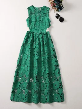 Модное Женское платье для подиума Зеленого цвета Из химического волокна с выдалбливающимся крючком, Летнее платье с цветочным рисунком без рукавов, Праздничное платье для отпуска