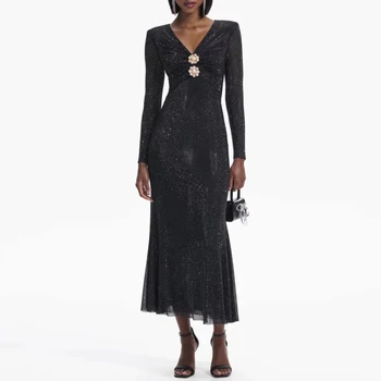 2023 новое женское черное блестящее длинное платье с бриллиантовой пряжкой, модное платье макси с длинным рукавом и высокой талией