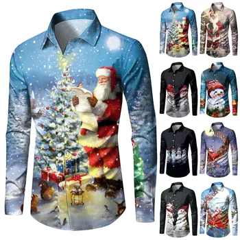 Мужская рождественская повседневная рубашка с лацканами и принтом на пуговицах, рубашка с имитацией шеи с длинным рукавом