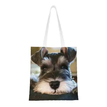 Изготовленная на Заказ холщовая сумка для покупок с собакой Цвергшнауцер и милым щенком, женские сумки-тоут для покупок с животными, Прочные бакалейные товары