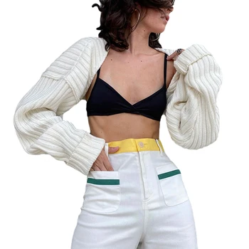 Женский укороченный топ Y2k, вязаный крючком, кардиган-болеро с открытой передней частью, свитер с длинными рукавами, пальто, винтажная осенняя повседневная уличная одежда