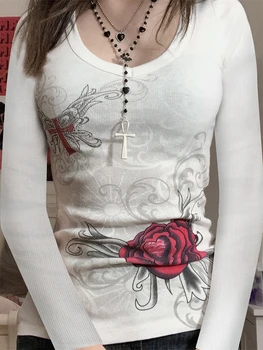Женские рубашки с длинным рукавом, нарядные повседневные топы с круглым вырезом и винтажным эстетичным графическим принтом на пуговицах, тонкие рубашки Уличная одежда