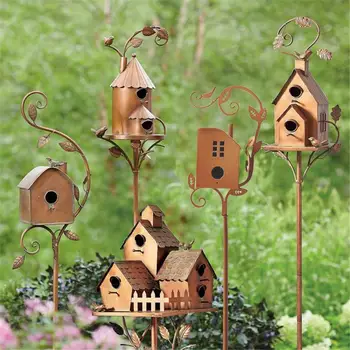 Птичий домик с шестом, Металлические кормушки для птиц, садовые колья, художественные домики для птиц во внутреннем дворике, патио, украшение сада на открытом воздухе