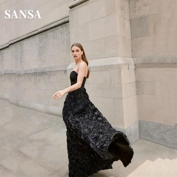 Сексуальное платье выпускного вечера Sansa без бретелек Черного цвета с цветочным 3D-принтом трапециевидной формы 2023 года с Розовым хвостом длиной до пола