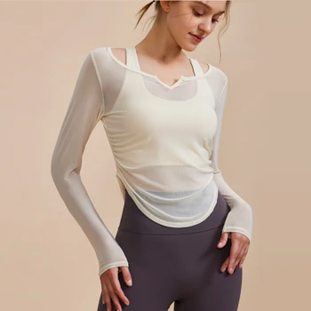 Женские рубашки для йоги, спортивная рубашка из тонкой сетки с длинным рукавом, толстовки для бега с V-образным вырезом, Быстросохнущий топ для фитнеса с изогнутым подолом, блузка для девочек