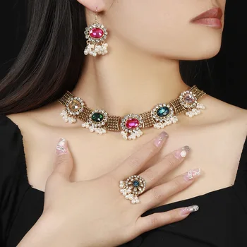 Наборы ювелирных изделий из чешского горного хрусталя антикварного цвета, ожерелье из цветного хрусталя с бусинами, Серьги и кольцо