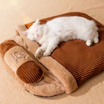 Съемная Новая Кошачья кровать Зимний теплый Полузакрытый Спальный мешок для домашних животных Собачья кровать Домик для Кошек Подушка-гнездо с подушкой