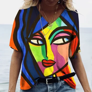 Винтажная женская футболка с V-образным вырезом, модный топ с абстрактным принтом лица, уличная рубашка оверсайз на каждый день, повседневная футболка с коротким рукавом