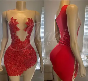 Красное кружевное мини-вечернее коктейльное платье с аппликацией из бисера, прозрачное сексуальное платье для вечеринки по случаю Дня рождения