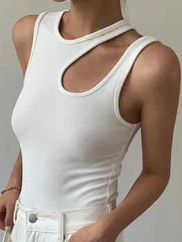 Повседневная Женская футболка белого кроя с круглым вырезом и без рукавов, Корейские тонкие футболки, Женская одежда, Летняя мода 2023