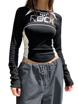 Женские укороченные топы с круглым вырезом и длинным рукавом, буквенный принт, изогнутый подол, укороченные футболки, Повседневные приталенные рубашки, уличная одежда Y2K