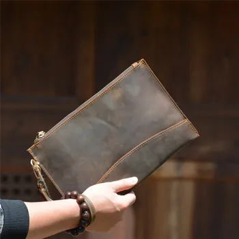 Винтажная мода Crazy horse мужская коричневая сумка для рук из воловьей кожи, органайзер для отдыха и работы, сумка для рук на молнии из натуральной кожи