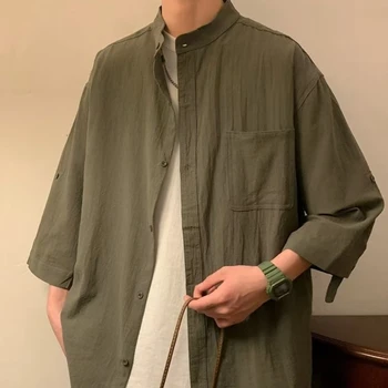 E-BAIHUI, винтажная однотонная рубашка, мужская рубашка с отложным воротником, весенне-летняя Корейская версия, рубашки для мужчин, мужская одежда в три четверти, топ