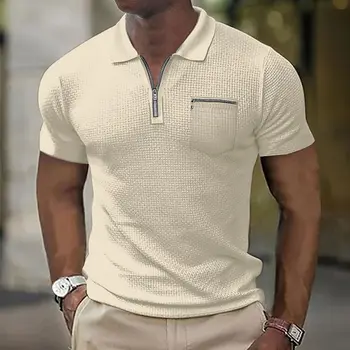 Новая летняя однотонная повседневная мужская рубашка поло с коротким рукавом, свободная деловая футболка, мужской топ на молнии 100