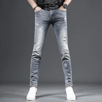 Рваные мужские джинсы со звездным принтом 2023, летние повседневные Светло-голубые облегающие брюки, уличная одежда в корейском стиле, джинсовые брюки CP2193