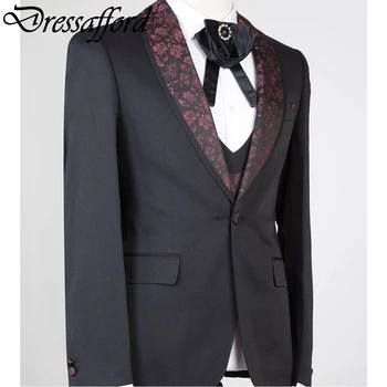 Серый Элегантный мужской костюм с цветочным принтом, блейзер для официальной вечеринки, одежда для жениха из трех предметов (куртка + жилет + брюки)