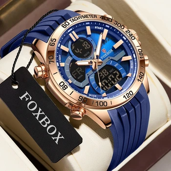 FOXBOX Военные часы для мужчин FOXBOX Роскошные спортивные наручные часы с хронографом из стали, водонепроницаемые кварцевые большие часы, цифровые мужские часы