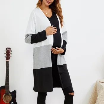 Осенне-зимнее повседневное полосатое вязаное длинное повседневное пальто для беременных, свободная прямая одежда оверсайз для беременных женщин, беременность