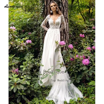 Свадебное платье А-силуэта Lakshmigown с цветочным кружевом в стиле Бохо с открытой спиной 2023, сексуальные свадебные платья из тюля с длинным рукавом для новобрачных, Vestidos De Novia