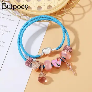 Buipoey Розовые хрустальные бусины с цветами Синие Кожаные браслеты для женщин с покрытием из розового золота в виде сердца и розы