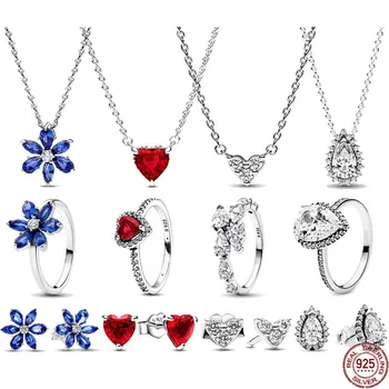 Классический набор шармов из стерлингового серебра 925 пробы, сверкающие сердечки в форме капли, ожерелье-снежинка, кольцо, серьги, подходящие для подарка ювелирных изделий для девочек своими руками