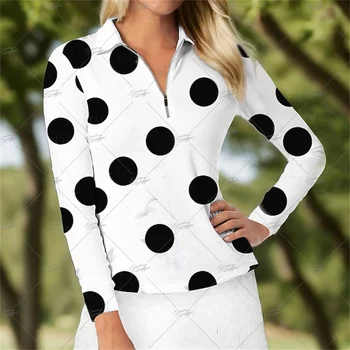 Женская рубашка поло для гольфа с длинным рукавом, осенний спортивный топ для активного отдыха с принтом Wave point, дышащая быстросохнущая теннисная рубашка для гольфа