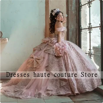 Розовое Бальное Платье Quinceanera Dress 2023, Тюлевые Аппликации, Цветы, Бант С Открытыми Плечами, Милые Вечерние Платья Для Вечеринки На День Рождения 15-16 Лет