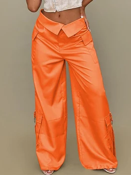 Мешковатые брюки-парашют для женщин, прямые широкие джинсы, брюки-карго с рюшами на шнурке, брюки-джоггер Y2K с карманами