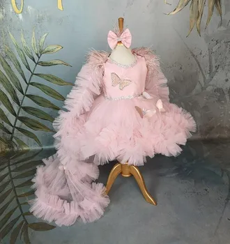 Красивое розовое платье в цветочек для девочек, праздничное платье, детское платье принцессы на день рождения, детские платья с длинным хвостом, фотография