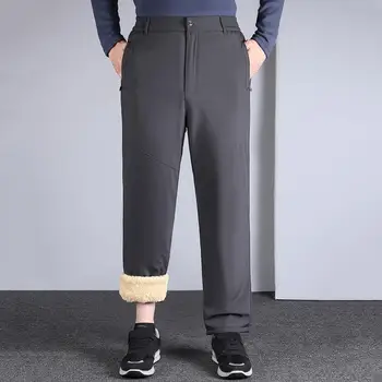 Мужские зимние брюки, плотные плюшевые мужские костюмные брюки со средней резинкой на талии, мягкими карманами для официального делового стиля, однотонные