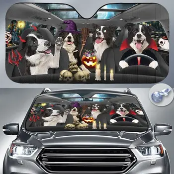 Забавная семья бордер-колли в костюмах на Хэллоуин, автомобильный солнцезащитный козырек на лобовое стекло, подарок для любителя собачьей мамы, долговечное лобовое стекло автомобиля