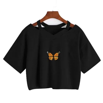 Летние женские готические футболки, укороченный топ с бабочкой, футболка Harajuku с коротким рукавом, винтажная свободная эстетическая одежда с V-образным вырезом