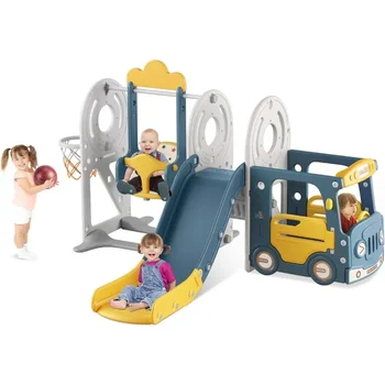 LISM от 1 до 3 лет, детская горка в автобусной тематике с баскетбольным кольцом, детская игровая площадка для малышей в помещении и на открытом воздухе
