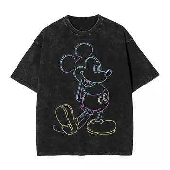 Выстиранные футболки с Микки Диснеем и друзьями, хип-хоп футболки с Микки Маусом, неоновая линия уличной одежды, Летние топы, футболки для мужчин и женщин