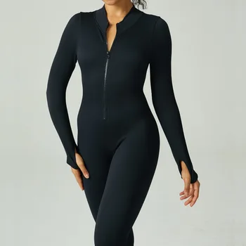 Бесшовный женский костюм для йоги, цельный спортивный комбинезон с длинными рукавами, высококачественный комплект для фитнеса, спортивный боди с воротником-стойкой на молнии